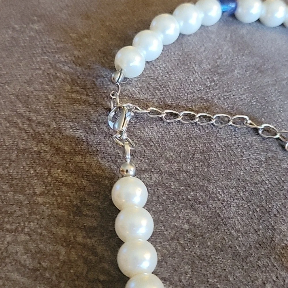 3/$30 Faux Pearl Blue Stone Beaded Bridal Necklace